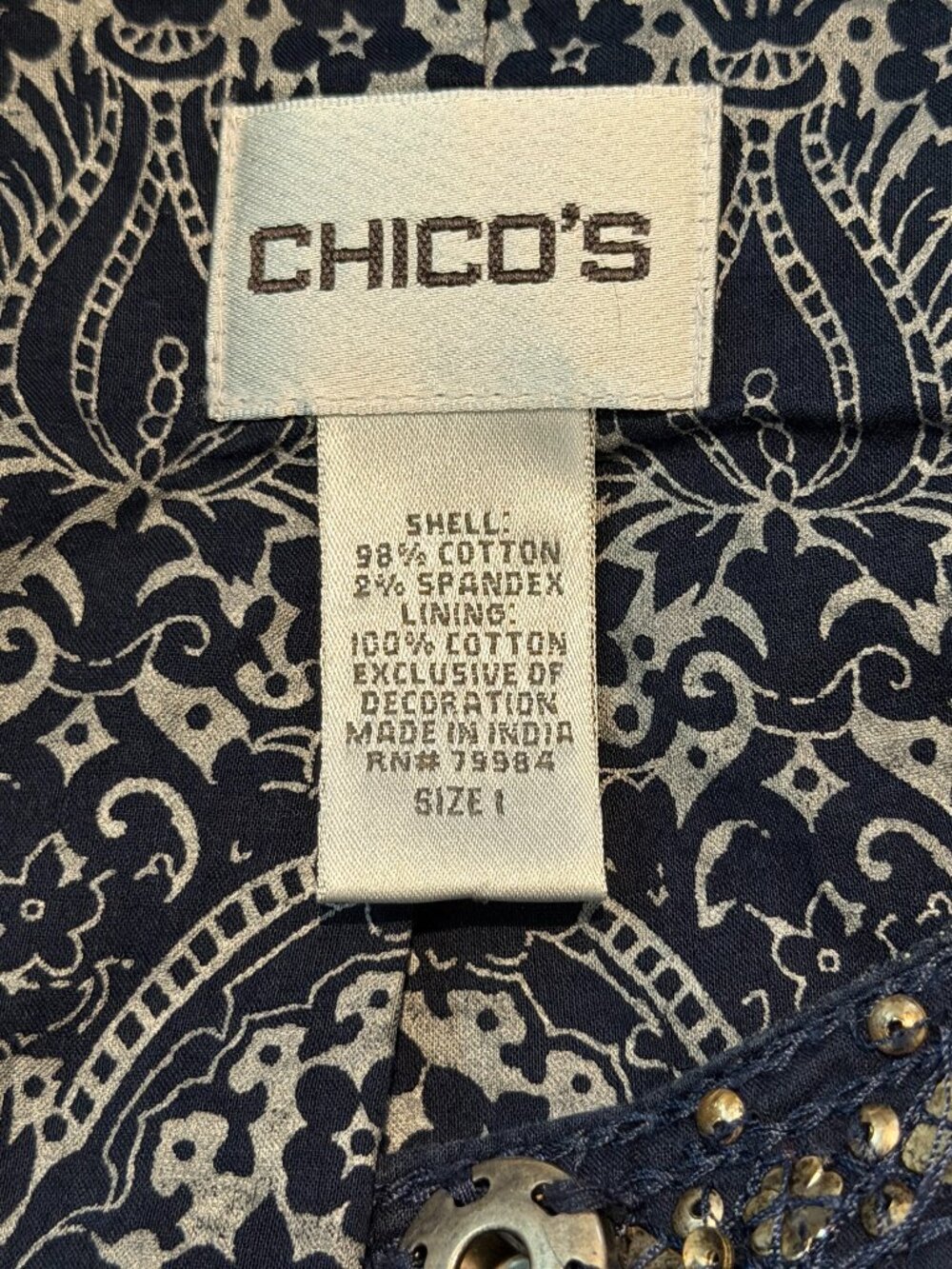 Chico's Embellished Beaded Denim Jacket Blue Size 1 Med 8 Collarless Boho Jean - Picture 6 of 8